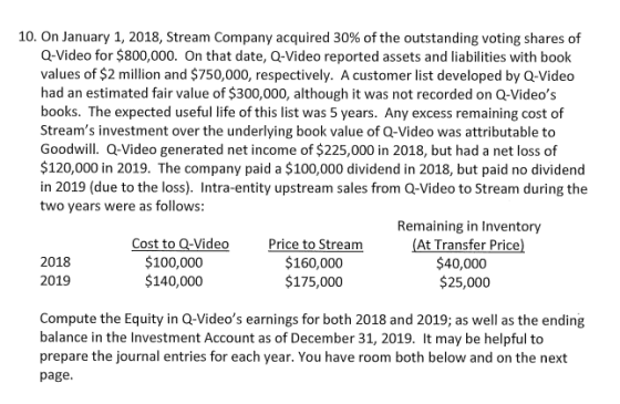 10. On January 1, 2018, Stream Company acquired 30% of the outstanding voting shares of Q-Video for $800,000. On that date, Q