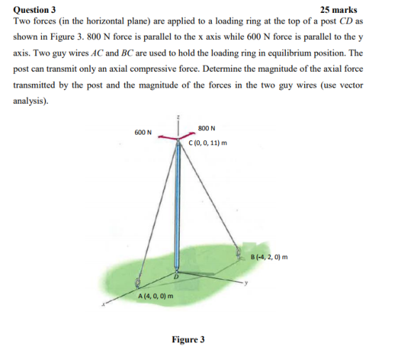 Question.3 Two forces (in the horizontal plane) are applied to a loading ring at the top of a post CD as shown in Figure 3. 800 N force is parallel to the x axis while 600 N force is parallel to the y axis. Two guy wires AC and BC are used to hold the loading ring in equilibrium position. The post can transmit only an axial compressive force. Determine the magnitude of the axial force transmitted by the post and the magnitude of the forces in the two guy wires (use vector analysis) 25 marks 800 N 600 N C (0,0, 11) m B (-4, 2, 0) m A (4, 0, 0) m Figure 3