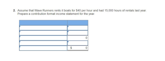 2. Assume that Wave Runners rents it boats for $40 per hour and had 15,000 hours of rentals last year Prepare a contribution format income statement for the year