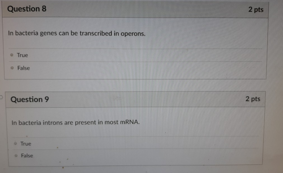 2 pts Question 8 In bacteria genes can be transcribed in operons. True False 2 pts Question 9 In bacteria introns are present in most mRNA. True o False