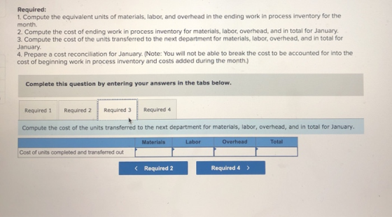 Required: 1. Compute the equivalent units of materials, labor, and overhead in the ending work in process inventory for the m