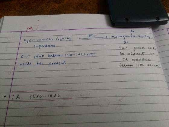 IA Br₂ → H₂C- CH-CH-CH₂CH₂ н, - сн= CH— сн, -ен, - 2-pentene Ic-c peak between 1680-1620 cm! c=c peak will be absent in IR sp