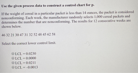 Use the given process data to construct a control chart for p. If the weight of cereal in a particular packet is less than 14