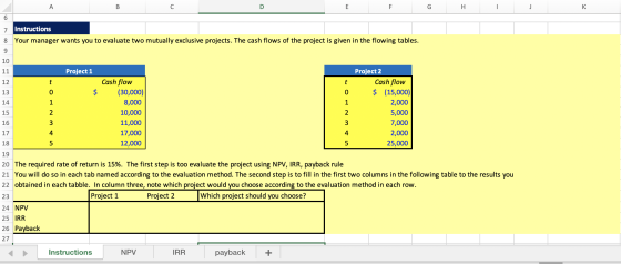 6 Instructions Your manager wants you to evaluate two mutually exclusive projects. The cash flows of the project is given in