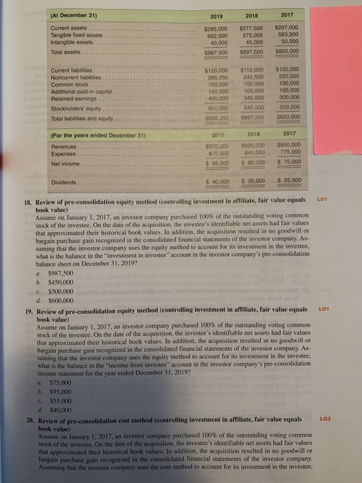 2019 2018 2017 (At December 31) Current assets Tangible fixed assets Intangible assets. Total assets.. $285,000 662,500 40.00