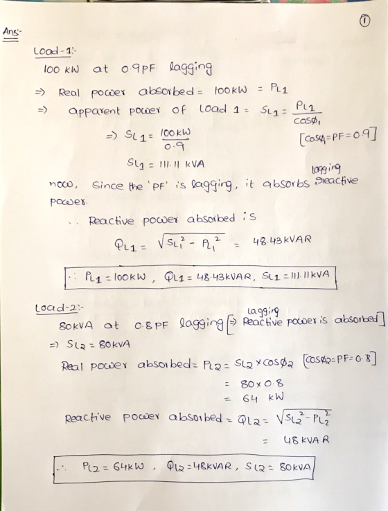 Ang PLI Su= - SL 1 = [Cosg=PF=0.9] Load -15- 100 KW at 0.9PF lagging Real power absorbed - 100kW apparent power of Load 1 = P