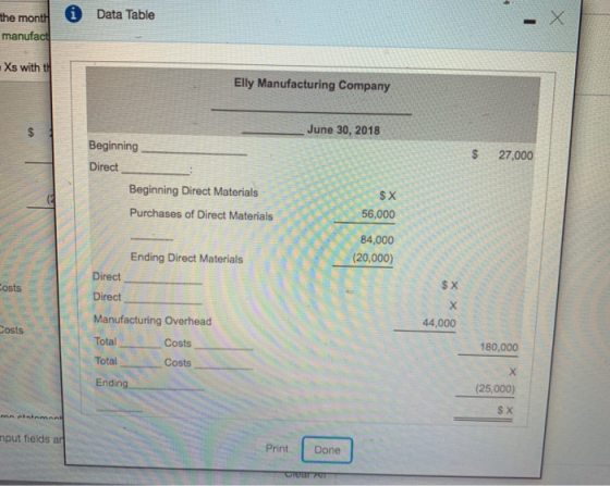 Data Table the month manufact Xs with th Elly Manufacturing Company June 30, 2018 $ 27,000 Beginning Direct Beginning Direct