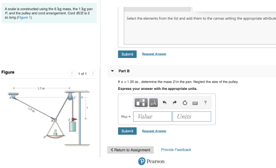 A scale is constructed using the 6 kg mass, the 1 kg pan P, and the pulley and cord arrangement. Cord BCE is 2 m long.(Figure