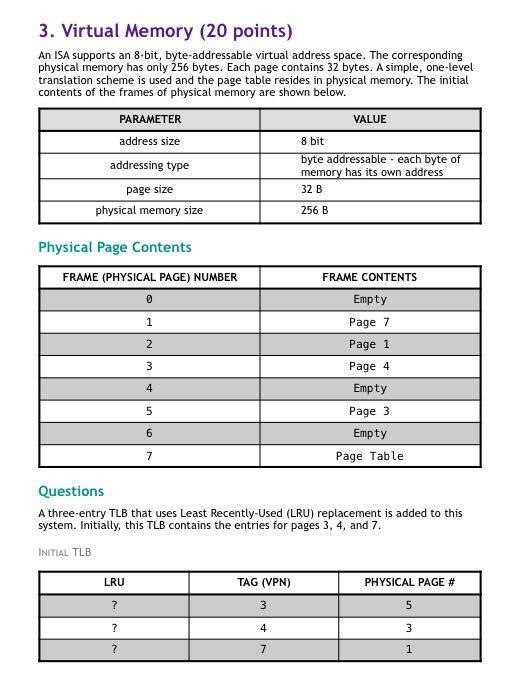 3. Virtual Memory (20 points) An ISA supports an 8