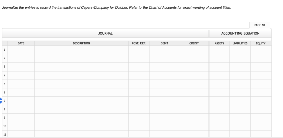 Journalize the entries to record the transactions of Capers Company for October. Refer to the Chart of Accounts for exact wor