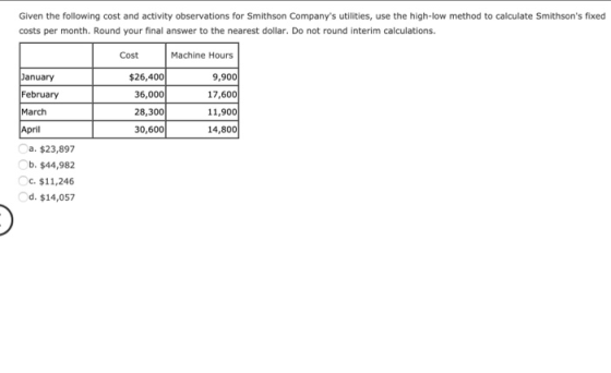 Given the following cost and activity observations for Smithson Companys utilities, use the high-low method to calculate Smi