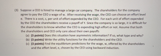 (3) Suppose a CEO is hired to manage a large car company. The shareholders for the company agree to pay the CEO a wage of w.