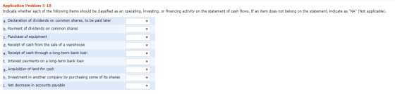 Application Problem 5-1B Indicate whether each of the following items should be classified as an operating, investing, or fin