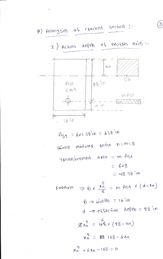 in section 2) Analysis of cracked I) Actual depth of neutral axis i- Ast 6#9 mast Twin Е , Ast = 661 sqin = 658.in Given modu