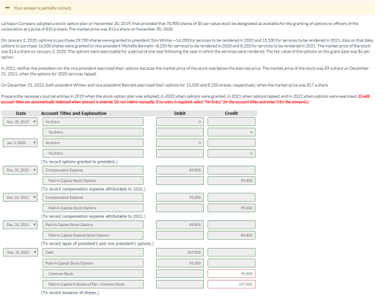 - Your answer is partially correct. Larkspur Company adopted a stock-option plan on November 30, 2019, that provided that 70,