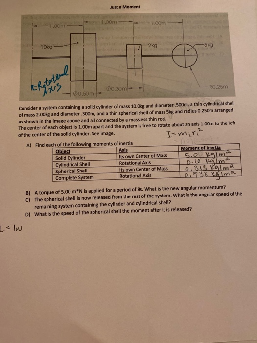 Just a Moment oom -1.00m om Tokg 2kg 5kg 00.30m- - RO.25m - $0.50m - Consider a system containing a solid cylinder of mass 10