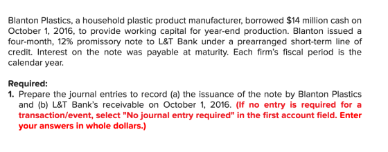 Blanton Plastics, a household plastic product manufacturer, borrowed $14 million cash on October 1, 2016, to provide working