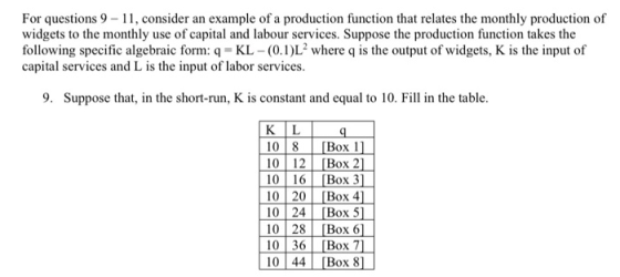 For questions 9-11, consider an example of a production function that relates the monthly production of widgets to the monthl