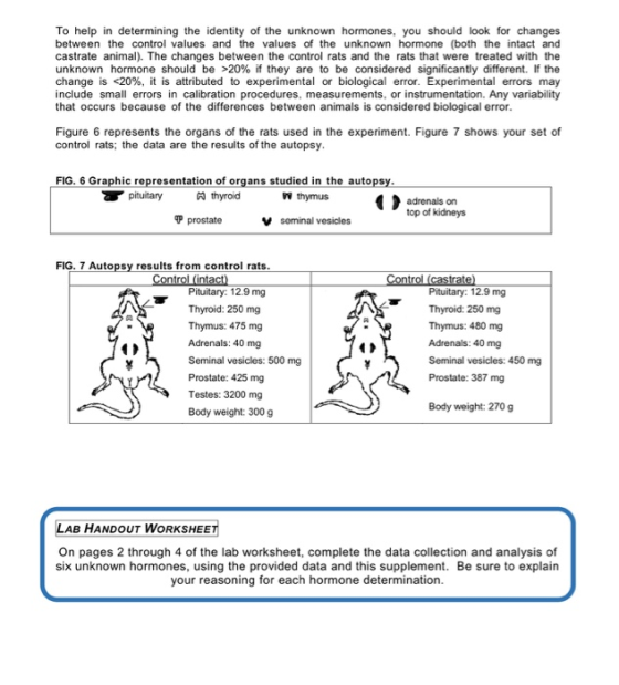 To help in determining the identity of the unknown hormones, you should look for changes between the control values and the v