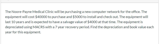 The Noore-Payne Medical Clinic will be purchasing a new computer network for the office. The equipment will cost $40000 to pu