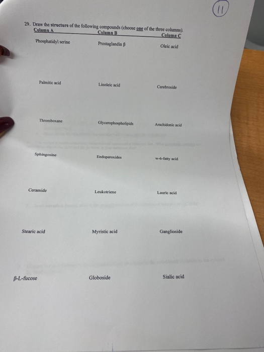 29. Draw the structure of the following compounds (choose one of the three columns Column A Column B Column Phosphatidylserin