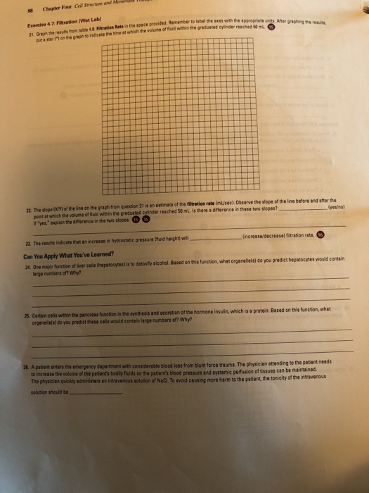 Chapler Four Cell Sarnecture and Mem Exercise 4.7: Filtration (Wet Lab) 21. Gragh the results frem table 48 Filtration Rate in the space provided. Remember to label the axes with the spproprate units. After graghingthe reuts ylinder resched 50 m put a ster (1 on the graph to indicete the tine st which the volume of fluid within the gradusted c 22. The slope (0UYI of the lina on the graph from quession 21 is an estimate of the fitration rate iml/secil Observe the slope of the line before and after the point at which the volume of fluid within the graduated center reached 50 mL Is there dmerence n these two seo es? If yes, explain the dilarence in the two slopes increaseldecreasel fitration rate 22. The results indicate that an increase in hydrostatie pressure Huid haight) will Can You Apply What Youve Learned? 4.One major functien af liver ceils thepetocytes) is to detoxily alcohal.Based on this function, what organelleisi do you predict hepatocyres would contain large numbers af? Why Certain cells within the pancress function in the synthesis and secretion of the hormone insulin, which is a protein Based on this function,what orgenellels) do you predict these cells would contain large numbers of? Why? A patent enters the emerpency department with considerable blood loss to increase the volume of the paients bodily fluids so the patients blood pressure and systemic perfusicn of öissues can te The physicien quickly administers an intravenous solution af NoCL To evoid ceusing more harm to the patient the tonicity af the solution should be s from blunt force trauma. The physician attending to the patient needs tissues can be maintained