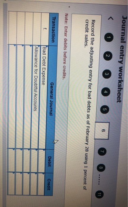Journal entry worksheet 1 2 3 4 5 6 7 8 11 Record the adjusting entry for bad debts as of February 28 using 1 percent of cred