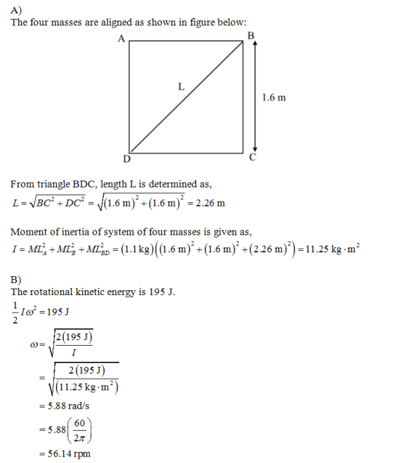 A) The four masses are aligned as shown in figure below: From triangle BDC, length L is determined as, L-VBC DC1.6 m)(1.6 m)-