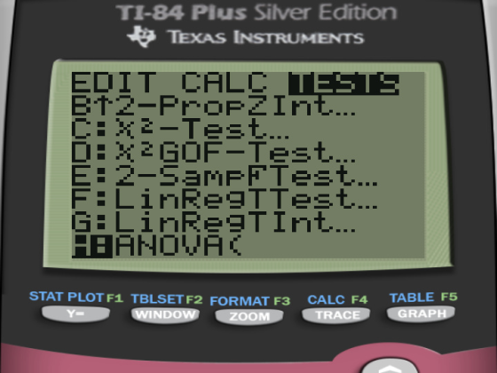TI-84 Plus Silver Edition TEXAS INSTRUMENTS EDIT CALC TESTS B72-ProPZInt... C: X2-Test... D:XZGOF-Test... E: 2-SAMPFTest... F