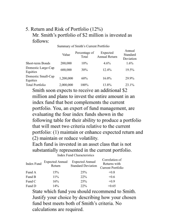 5. Return and Risk of Portfolio (12%) Mr. Smiths portfolio of $2 million is invested as follows: Summary of Smiths Current