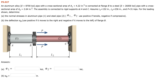 P5.027 An aluminum alloy [E = 8700 ksi) pipe with a cross-sectional area of A1 = 4.22 in.2 is connected at flange B to a stee