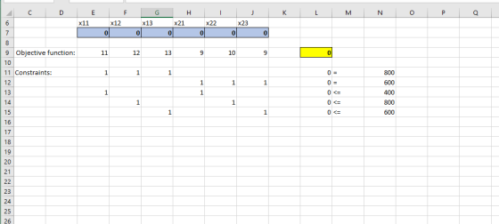 с D F E G - H J K L M N O P Q 6 x11 x12 x13 x21 x22 X23 7 0 0 0 0 0 0 8 11 12 13 9 10 9 ol 9 Objective function: 10 11 Constr