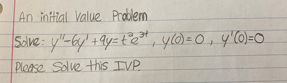 An initial Value Problem Sove: y-6y +9y=t&t, y(O) = 0 , Y()=0 Please Solve this IVP.