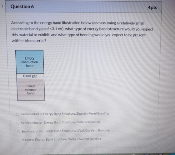 Question 6 4 pts According to the energy band illustration below (and assuming a relatively small electronic band gap of <3.1