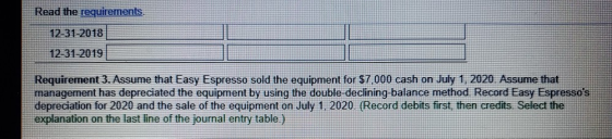 Read the requirements. 12-31-2018 12-31-2019 Requirement 3. Assume that Easy Espresso sold the equipment for $7,000 cash on J