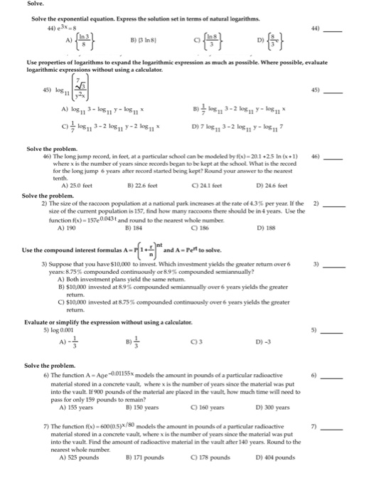 Solve. Solve the exponential equation. Express the solution set in terms of natural logarithms. In 3 B) 3 In 81 Diff} Use pro