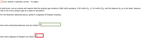 Your answer is partially correct. Try again. A technician runs an anlysis and reports that the product gas contains 0.560 mol