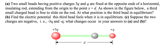 (a) Two small beads having positive charges 39 and q are fixed at the opposite ends of a horizontal, insulating rod, extendin