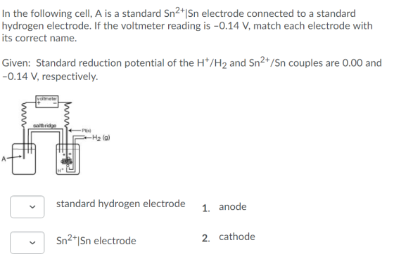 In the following cell. A is a standard Sn2+1Sn electrode connected to a standard hydrogen electrode. If the voltmeter reading