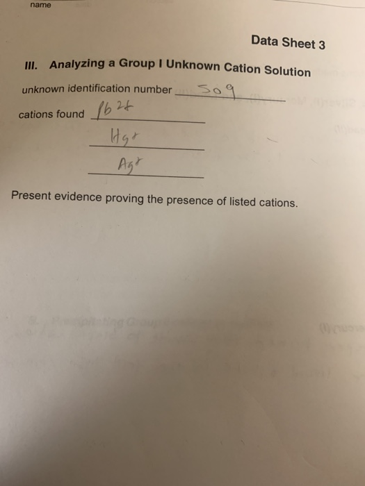 name Data Sheet 3 IIAnalyzing a Group I Unknown Cation Solution unknown identification number cations found Ast Present evide