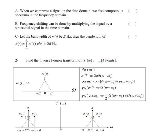 ( ) A- When we compress a signal in the time domain, we also compress its spectrum in the frequency domain. B- Frequency shif