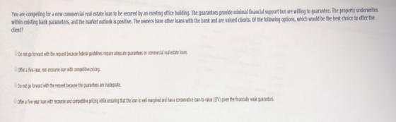 You are competing for a new commercial real estate loan to be secured by an existing office building. The quarantors provide