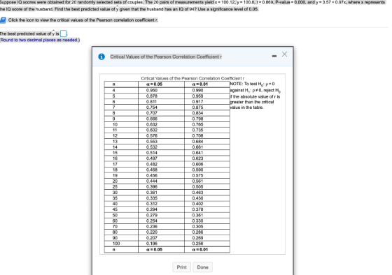 Suppose IQ scores were obtained for 20 randomly selected sets of couples. The 20 pairs of measurements yield x = 100.12, y =