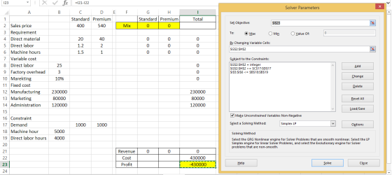 123 fr =121-122 Solver Parameters E F D Standard Premium 400 540 G H Standard Premium 0 0 Total Set Objective: SI523 Mix To:
