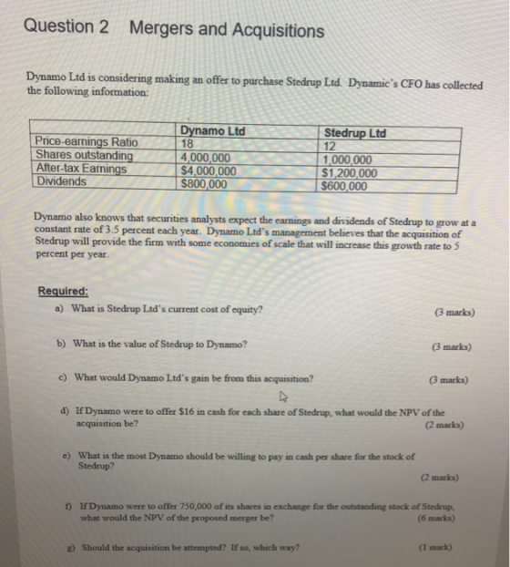 Question 2 Mergers and Acquisitions Dynamo Ltd is considering making an offer to purchase Stedrup Ltd. Dynamies CFO has coll