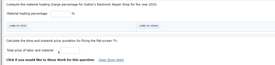 Compute the material loading charge percentage for Suttons Electronic Repair Shop for the year 2020. Material loading percen