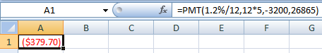A1 fac =PMT(1.2%/12,12*5,-3200,26865) D E F G B C i ($379.70