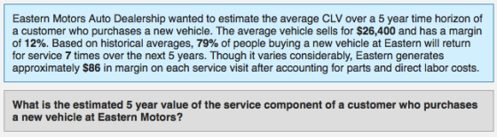 Eastern Motors Auto Dealership wanted to estimate the average CLV over a 5 year time horizon of a customer who purchases a new vehicle. The average vehicle sells for $26,400 and has a margin of 12%. Based on historical averages, 79% of people buying a new vehicle at Eastern will return for service 7 times over the next 5 years. Though it varies considerably, Eastern generates approximately $86 in margin on each service visit after accounting for parts and direct labor costs. What is the estimated 5 year value of the service component of a customer who purchases a new vehicle at Eastern Motors?