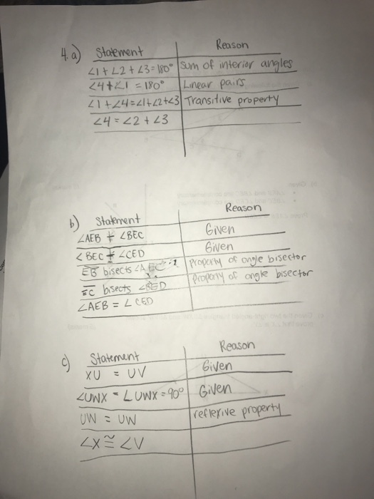 4Shoement Reason 41+ L2 +43-o Sm of interiar angles L 1 +24以1tL2 tc3| Transitive property Reason Given Gven b) Stokment Reasorn oiven d Stakmunt reflerive properh kriwe proertl ムに. LN