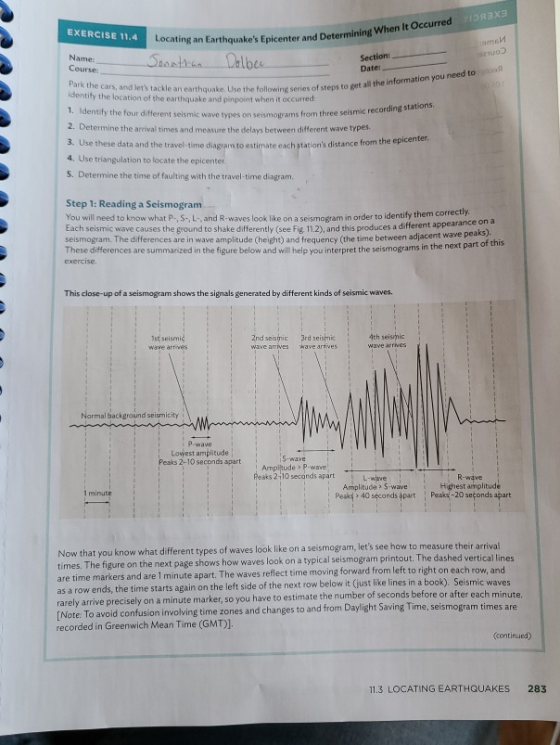 EXERCISE 11.4 ter and Determining When It Occurred PIREX mo 00 Locating an Earthquakes Epicenter and Determining When Jonath